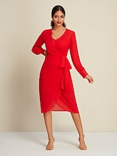 رخيصةأون فساتين الحفلات-فستان شيفون أحمر سادة لحفلات الزفاف/حفلات الضيوف برباط أمامي ملفوف بأكمام طويلة طقم فستان لإبهار 2024