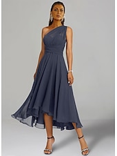 abordables Robes pour invitées de mariage-Robes de Mariage Invité A-Line Robe Élégante Formelle Fête de Mariage Longueur Thé Sans Manches Une Épaule Invité de Mariage Automne Chiffon avec Fronces 2025