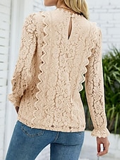 abordables Hauts en dentelle-Hauts en dentelle élégants pour femmes Blouse en œillets Élégant Haut en dentelle uni à manches lanternes à manches longues col en V Hauts romantiques petits pour l&#039;été Vacances de l&#039;été Rose Bleu