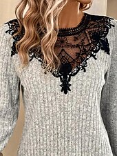 economico Top in Pizzo-Top in pizzo elegante da donna blusa all&#039;uncinetto stile colore solido top semplici regolari maniche lunghe scollo rotondo patchwork in pizzo vestibilità regolare abbigliamento quotidiano romantico
