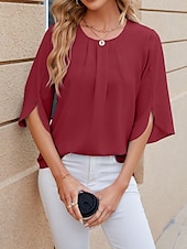 cheap Women&#039;s Plain Tops-Shirt Blouse Women&#039;s White Pink Wine Plain Sexy Street Daily Fashion Round Neck Regular Fit S