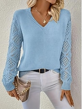 preiswerte Einfarbige Farben-Damen Pullover Elegant Feste Farbe Gehäkelt V Ausschnitt Strick Langarm Normale Oberteile Stricken Täglich Blau Fuchsie Frühling Herbst