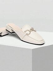 preiswerte Clogs &amp; Pantoletten für Damen-weiße Damen-Pantoletten aus Leder mit Strass-Schnalle – elegante Slipper zum Hineinschlüpfen für lässige und formelle Outfits