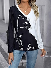 economico Maglietta Animali-Per donna maglietta Color Block Gatto Di tendenza Manica lunga A V Top regolari Giornaliero Stampa Bianco / Nero Primavera &amp; Autunno