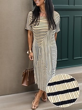 billige Blomstrete kjoler-Dame Midikjole Skiftkjole Elegant Fritid Arbeid Daglig Løstsittende Stripe Kortermet Crew-hals Svart Kakifarget Sommer
