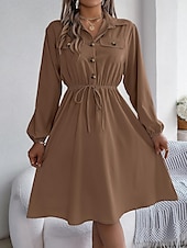 preiswerte schwarzes Midikleid-Damen Arbeitskleidung A Linie Kleid Modisch Täglich Arbeitsmode Bischof Midikleid Gefaltet Taste Hemdkragen Langarm Glatt Regular Fit Schwarz Wein Khaki Frühling Herbst S M L XL