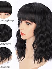 baratos Perucas Sintéticas sem Touca-Bob encaracolado peruca sintética curta preta com franja natural olhando fibra resistente ao calor cabelo para mulher