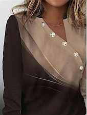 billige Kunst &amp; Design t-skjorte-Dame T skjorte Grafisk Elegant Årgang Mote Langermet V-hals Vanlige topper Daglig Helg Knapper Trykt mønster Brun Høst vinter