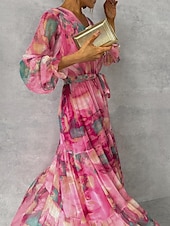 ieftine Rochii florale elegante-Pentru femei Rochie Lunga Rochie Maxi Rochii din Șifon Rochie A line Elegant Oficial Petrecere Invitat la nunta Zilnic Fit regulat Floral Manșon Lung În V Fucsia Vară