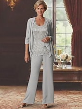 preiswerte Hosenanzüge für Mama-Strand Hochzeits-Jumpsuits Mutter der Braut Hochzeitsgast Eleganter Rundhalsausschnitt Knöchellang Chiffon Langarm mit Spitze 2025 kostenlose Maßanfertigung