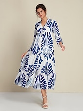 Недорогие повседневное платье с принтом-Жен. Свободное платье Курортная одежда Длинное платье Темно синий Рукав 3/4 Folk Рисунок Весна лето V-образный вырез Отпуск На каждый день S M L