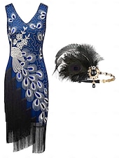 olcso Öltözetek-Retró Ordító 20-as évek 1920-as évek Flapper ruha Flapper fejpánt A nagy Gatsby Flapper lány Esküvői Vendég Flitter Rojt Toll Jelmez Női Menyegző Ruha Klub Felnőttek Ruha Fejfedők Hazatérő ruhák