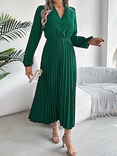 economico maxi abito nero-Per donna Abito da lavoro Abito linea A Di tendenza Ufficio Moda da lavoro Rimborsate Abito lungo Abito lungo A pieghe A V Manica lunga Liscio Standard Nero Vino Marrone Primavera Autunno S M L XL