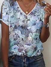 cheap T-shirts-Women's T Shirt Floral Basic Short Sleeve V Neck Regular Tops Holiday Weekend Cut Out Buttons Print Yellow Pink Blue Green