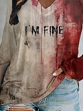 abordables T-shirts-Femmes Chemise Bloc de Couleur Lettre Abstrait Occasionnel manche longue Col en V Hauts Réguliers Halloween Quotidien Imprimé Rouge Printemps Automne &amp; Hiver