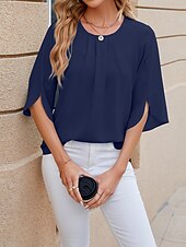 cheap Women&#039;s Plain Tops-Shirt Blouse Women&#039;s White Pink Wine Plain Sexy Street Daily Fashion Round Neck Regular Fit S