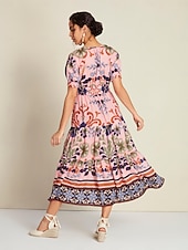 levne Květinové šaty-Dámské Elegantní šaty Midi šaty Světlá růžová Krátký rukáv Květinový Šňůrky Jaro léto Šněrování na krku Elegantní šaty Rande S M L