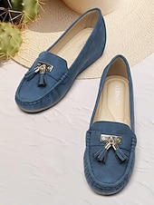 billiga Lätta damskor-dam loafers i blå mocka med tofsar – bekväma slip-on mockasiner för vardagligt och vardagsbruk