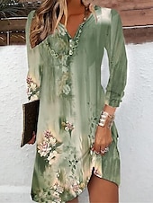 halpa Rento kukkainen mekko-Naisten Mini mekko Rento mekko Boho-mekko Kevätmekko Tyylikäs Vapaa-aika Loma Päivittäin Deitti Normaali Kukka Pitkähihainen Halkaistu kaula Sininen Tumman vihreä Oranssi Apila Syksy