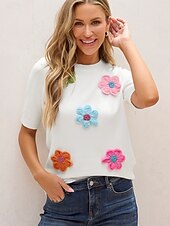 billige Hvit t-skjorte-kvinners t-skjorte tilfeldig blomstertrykk kortermet lange topper v-hals daglig hvit gul sommer