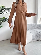 economico maxi abito nero-Per donna Abito da lavoro Abito linea A Di tendenza Ufficio Moda da lavoro Rimborsate Abito lungo Abito lungo A pieghe A V Manica lunga Liscio Standard Nero Vino Marrone Primavera Autunno S M L XL