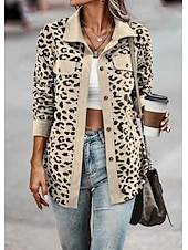 billiga Skjorta jackor-Dam Kappa Utomhus Gata Dagligen Vår Höst Normal Täcka Normal Vindtät Andningsfunktion Stylish Ledigt Gatustil Jacka Långärmad Leopard Mönster Armégrön Grön Aprikos