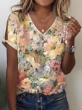 cheap T-shirts-Women's T Shirt Floral Basic Short Sleeve V Neck Regular Tops Holiday Weekend Cut Out Buttons Print Yellow Pink Blue Green