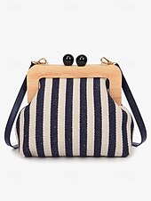 olcso Retikülök és estélyi táskák-női csíkos vászon crossbody táska – retro favázas kis válltáska állítható pánttal – fekete és bézs, ideális hétköznapi kirándulásokhoz és utazásokhoz