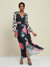 economico abito casual stampato-Abito maxi con scollo a V a maniche corte e stampa leopardata floreale per invitati al matrimonio in raso