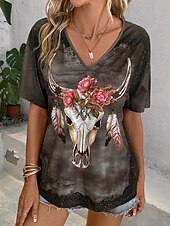 economico Maglietta Animali-maglietta da donna casual floreale stampa mucca manica corta top regolari scollo a V quotidiano marrone estate