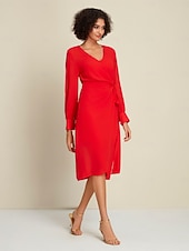 رخيصةأون فساتين الحفلات-فستان شيفون أحمر سادة لحفلات الزفاف/حفلات الضيوف برباط أمامي ملفوف بأكمام طويلة طقم فستان لإبهار 2024