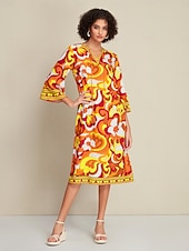 economico abito casual stampato-Abito midi con scollo a V e maniche a 3/4 con cravatta in raso sul davanti