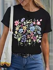 preiswerte Blumen-T-Shirt-Damen T Shirt Blumen Basic Lässig Kurzarm Rundhalsausschnitt Normale Oberteile Täglich Druck Schwarz Weiß Blau Purpur Sommer