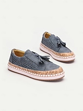 levne Dámské tenisky-dámské ležérní střapcové mokasíny – modré semišové slip-on boty s perforovaným designem a korkovou podrážkou, pohodlné na léto i každodenní nošení