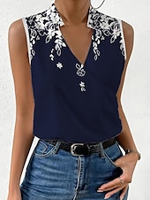 voordelige Damestanktops &amp; hemdjes-Dames Camisole Tanktop Basis Bloemige Print Mouwloos Reguliere Tops V Hals Casual Vakantie Marineblauw
