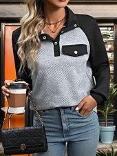 billige Teksturert hettegensere og sweatshirt-Dame Teksturert genser Fargeblokk Fritid Langermet Crew-hals Vanlige topper Hverdag Svart Høst vinter