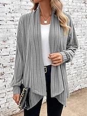 cheap Cardigans &amp; Outerwears-Women&#039;s Cardigan Coat Daily Solid Color Ribbed Open Front Knitted Long Sleeve Regular Tops Knit Daily Blue Purple Spring Fall