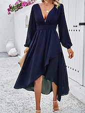 voordelige Chiffon Jurken-Dames Maxi-jurk Casual jurk Cocktail jurk Bruiloft gast jurk Chiffon jurk Elegant Maxi Casual Werk Straat Feestdagen Normale pasvorm Lange mouw V-hals Zwart Rood Marineblauw Groen Herfst