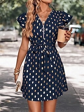 abordables Robes de travail-robe décontractée pour femme à pois, fermeture éclair, imprimé, col en V, mini robe élégante, décontractée, rendez-vous quotidien, manches courtes, été