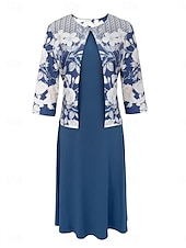 cheap Floral Dress-Women&#039;s Mini Dress Elegant Skirt Sets Skirt 3/4 Length Sleeve Crew Neck Floral Print Wedding Guest Daily Blue Summer Loose Fit