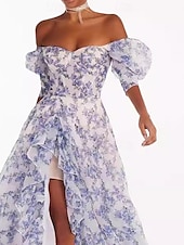 preiswerte Kleider für den-Damen Strandkleid Blumendruck asymmetrisch schulterfrei Laternenärmel langes Kleid Maxikleid süß stylisch Hochzeit Valentinstag Kurzarm Sommer Frühling