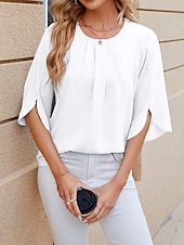 cheap Women&#039;s Plain Tops-Shirt Blouse Women&#039;s White Pink Wine Plain Sexy Street Daily Fashion Round Neck Regular Fit S