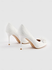 billige Formell-kvinners elegante hvite blonder høyhælte pumps med perler av blomsterapplikasjoner for bryllup og formelle arrangementer
