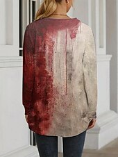 abordables T-shirts-Femmes Chemise Bloc de Couleur Lettre Abstrait Occasionnel manche longue Col en V Hauts Réguliers Halloween Quotidien Imprimé Rouge Printemps Automne &amp; Hiver