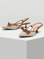 abordables tacones kitten-Tacones con punta en punta para mujer: zapatos de tacón de gatito de cuero marrón y lona beige con detalle de lazo, perfectos para la oficina, fiestas y ropa informal.