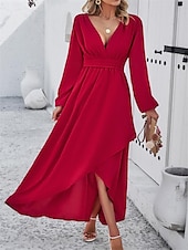 voordelige Chiffon Jurken-Dames Maxi-jurk Casual jurk Cocktail jurk Bruiloft gast jurk Chiffon jurk Elegant Maxi Casual Werk Straat Feestdagen Normale pasvorm Lange mouw V-hals Zwart Rood Marineblauw Groen Herfst