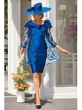economico Con giacca-Abito a tubino a due pezzi per madre della sposa Abito elegante con collo gioiello in raso pizzo senza maniche lunghezza ginocchio con giacca e fiocco in pizzo 2025 taglia personalizzata gratuita