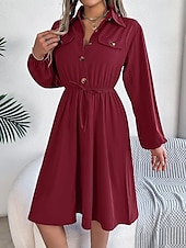 preiswerte schwarzes Midikleid-Damen Arbeitskleidung A Linie Kleid Modisch Täglich Arbeitsmode Bischof Midikleid Gefaltet Taste Hemdkragen Langarm Glatt Regular Fit Schwarz Wein Khaki Frühling Herbst S M L XL