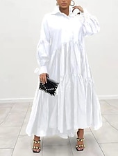 abordables robe longue noire-robe noire Robe chemise Femme Robe Maxi A Volants Soirée Travail basique Grande occasion Col de Chemise manche longue Standard Noir Blanche Bleu S M L XL 2XL