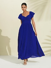 cheap Special Occasion Dresses-Royal Blue Chiffon Pleated Wedding Guest/Party A Line V Neck Short Sleeve Maxi Dress dress to impress 2024